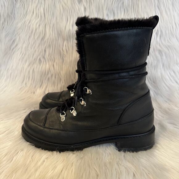 Stuart Weitzman Luge Boots Leather Faux Shearling Lace Up Mid Calf Combat Boots - Picture 8 of 16